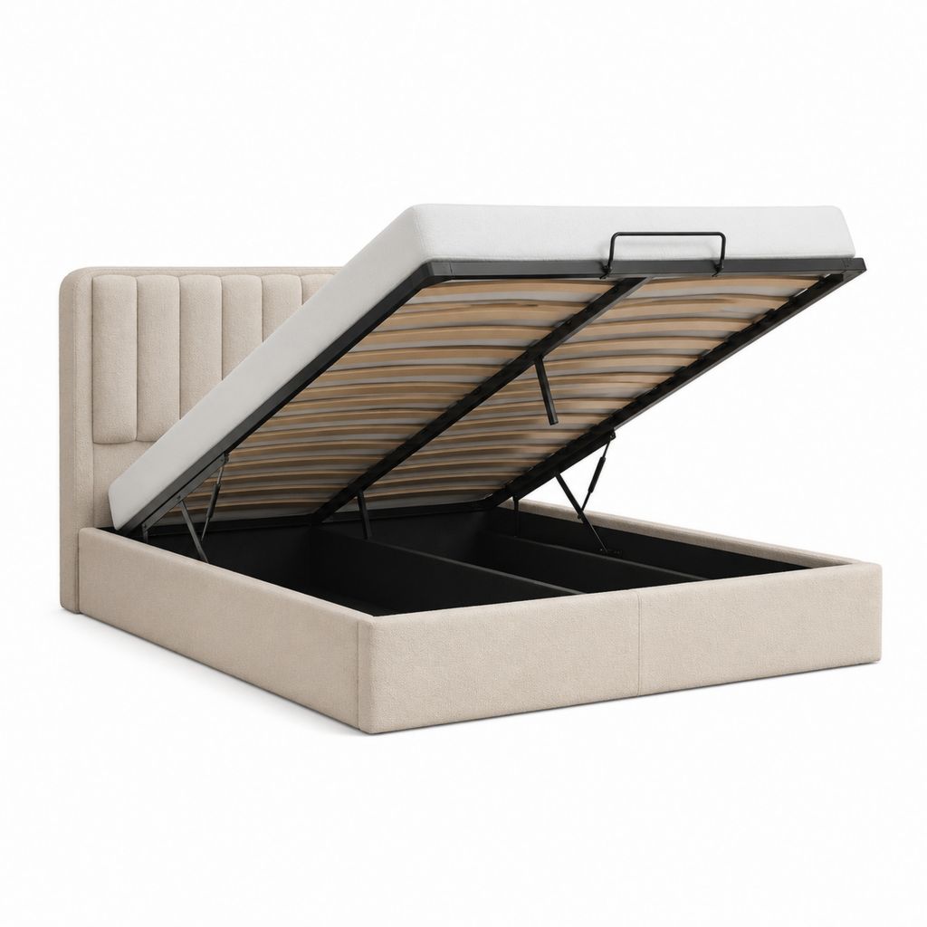 Lit coffre double beige en polyester rectangulaire avec sommier à lattes 160 x 200 cm