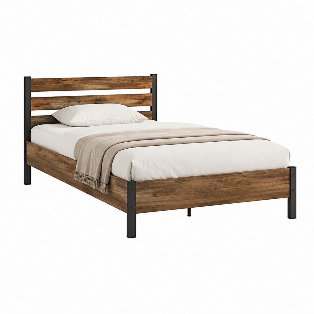 Lit double 140 x 190 cm brun et noir en panneaux MDF et acier