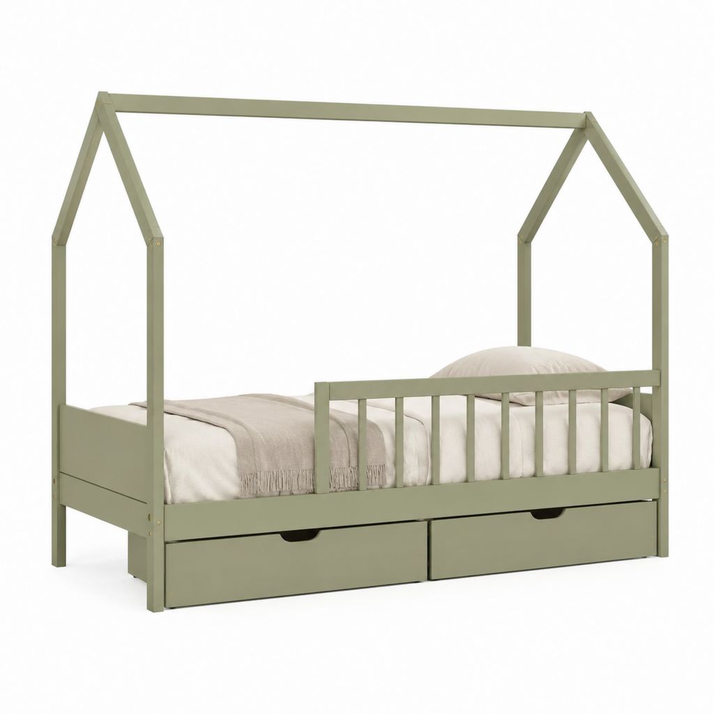 Lit cabane enfant vert sauge en pin massif 90 x 190 cm avec barrières et 2 tiroirs 197 x 97 x 170 cm