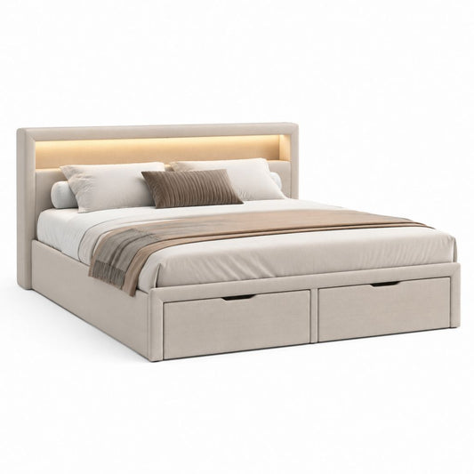 Lit double 160 x 200 cm beige en polyester avec tête de lit éclairée et 2 tiroirs
