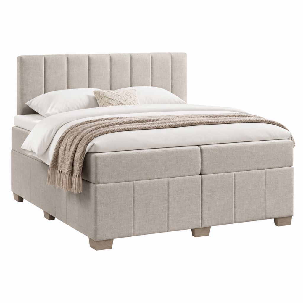 Lit coffre double beige en polyester avec tête de lit capitonnée 160 x 200 cm