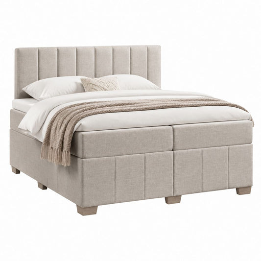 Lit coffre double beige en polyester avec tête de lit capitonnée 160 x 200 cm