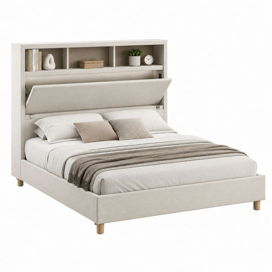 Lit double 160 x 200 cm beige en polyester avec tête de lit rangement 220 x 168 x 190 cm