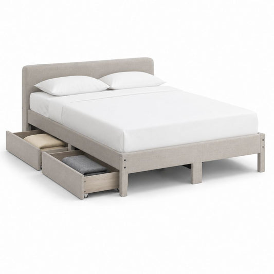 Cadre de lit double beige en polyester avec 2 tiroirs de rangement 160 x 200 cm