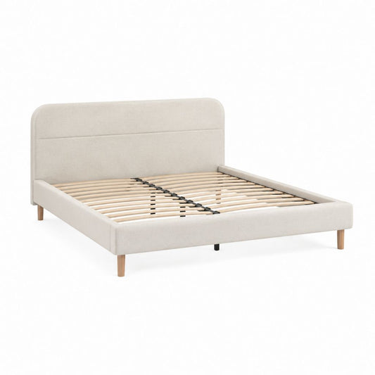 Lit double 160 x 200 cm beige en polyester avec sommier à lattes et tête de lit rembourrée