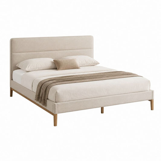 Lit double capitonné beige en polyester avec pieds en bois massif 160 x 200 cm