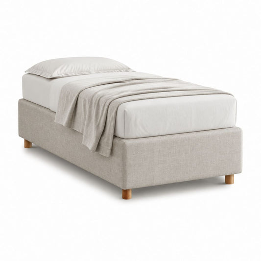 Cadre de lit une place beige en polyester 90 x 190 cm avec pieds en bois massif