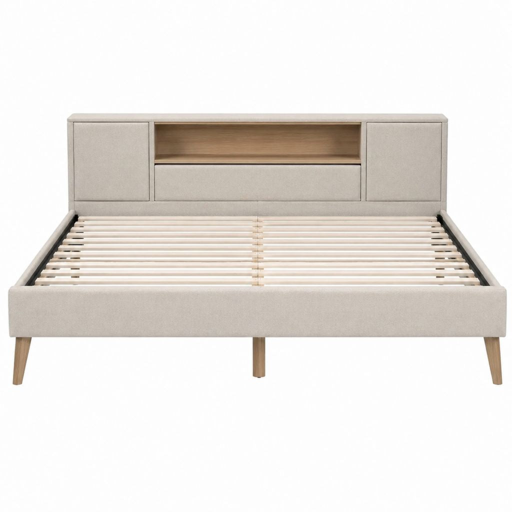 Lit double avec rangement beige en polyester et MDF 160 x 200 cm