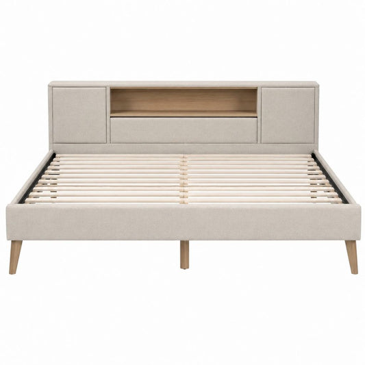 Lit double avec rangement beige en polyester et MDF 160 x 200 cm
