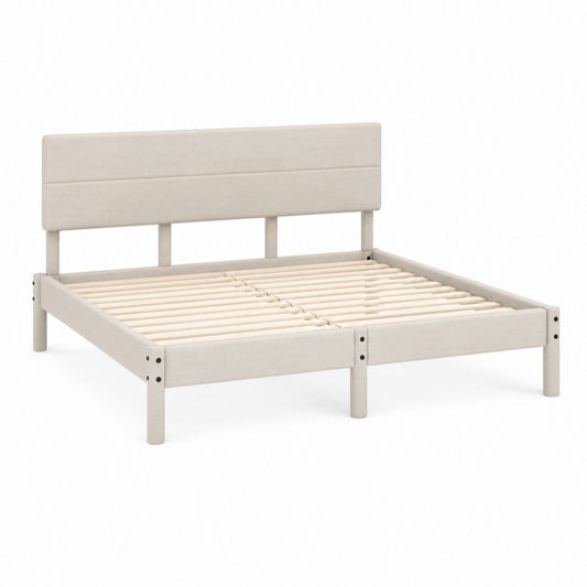 Lit double 160 x 200 cm beige en polyester avec tête de lit rembourrée et sommier à lattes