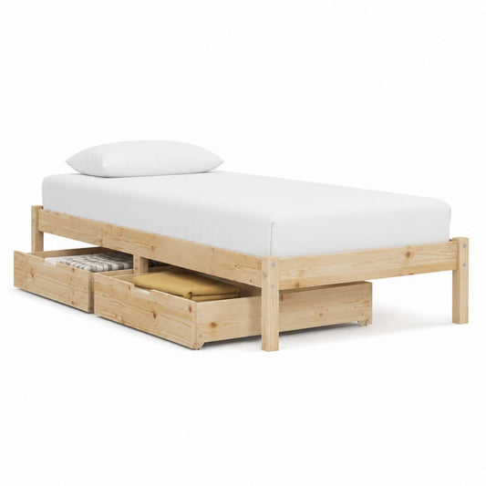 Lit simple avec 2 tiroirs de rangement pin massif naturel rectangulaire 90 x 200 cm