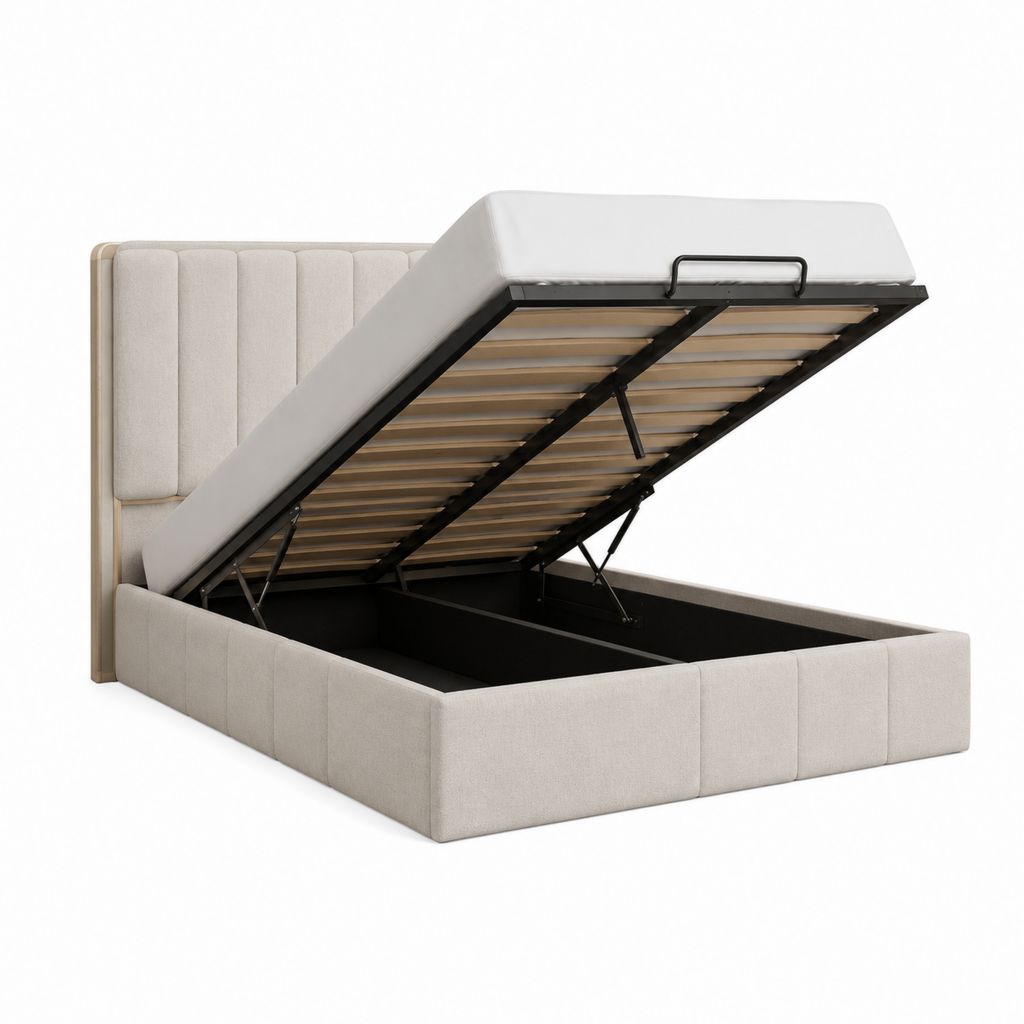 Lit coffre rectangulaire 160 x 200 cm beige en polyester avec sommier à lattes et tête de lit capitonnée