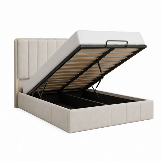 Lit coffre rectangulaire 160 x 200 cm beige en polyester avec sommier à lattes et tête de lit capitonnée