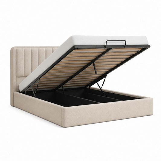 Lit coffre double beige en polyester rectangulaire avec sommier à lattes 160 x 200 cm