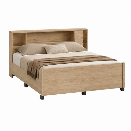 Lit adulte avec cadre de lit 160 x 200 cm chêne clair en panneaux de particules avec tête de lit rangement