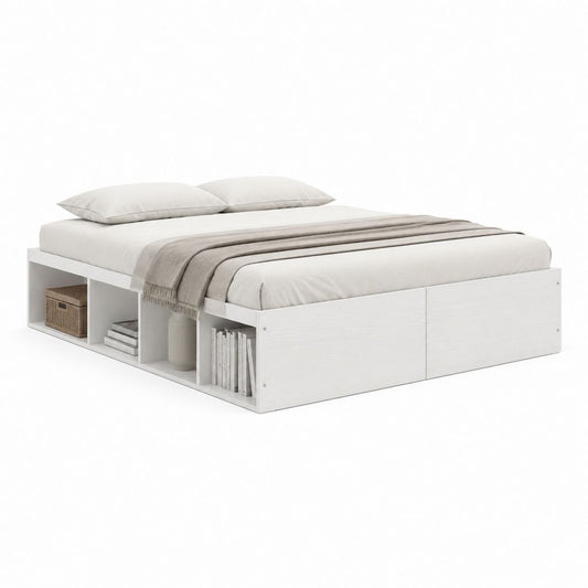 Lit double avec rangement blanc en panneaux de particules 140 x 190 cm
