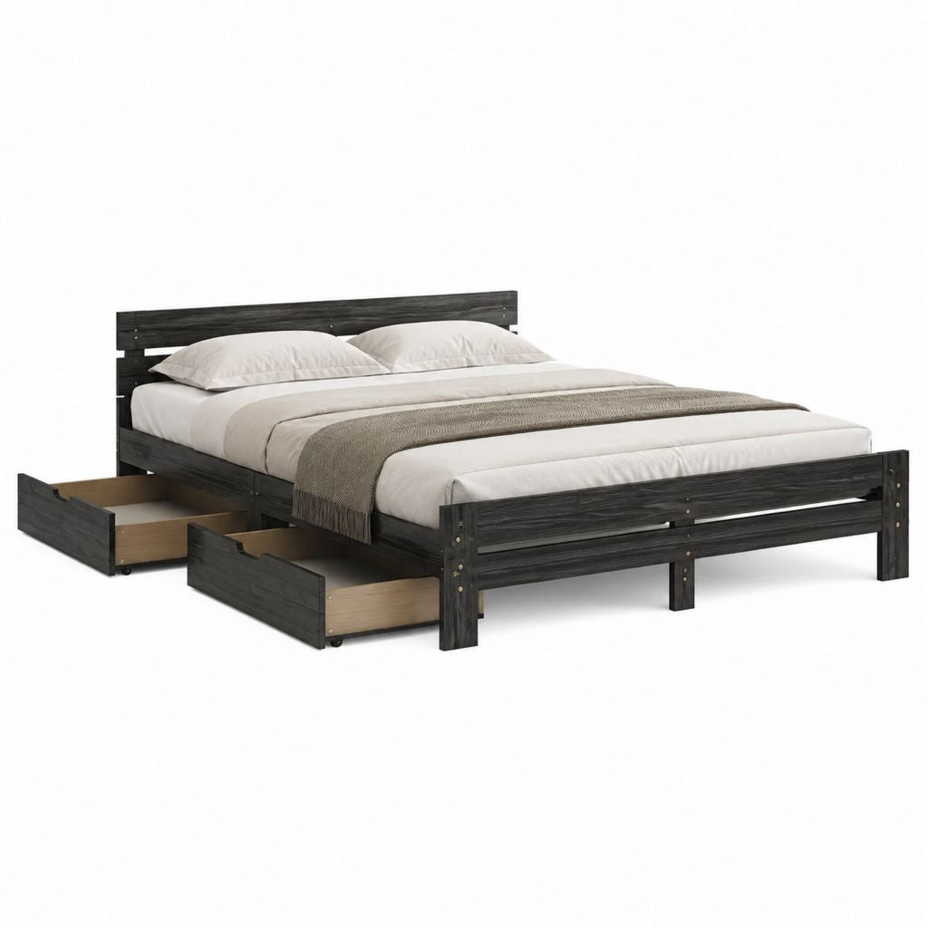 Lit double avec rangement noir en pin massif 160 x 200 cm