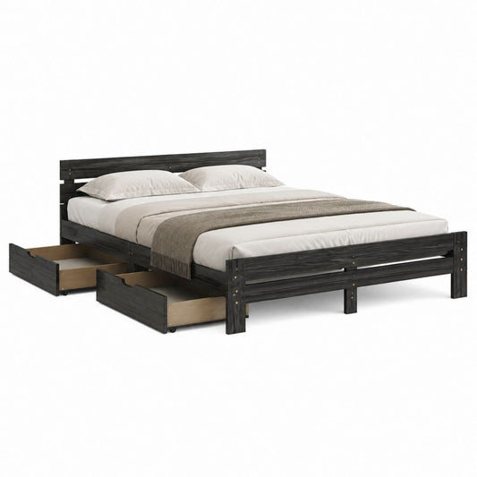 Lit double avec rangement noir en pin massif 160 x 200 cm