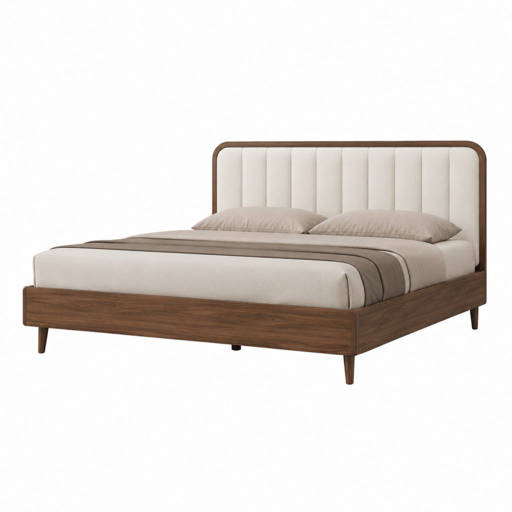 Cadre de lit double 180 x 200 cm noyer et beige avec tête de lit capitonnée