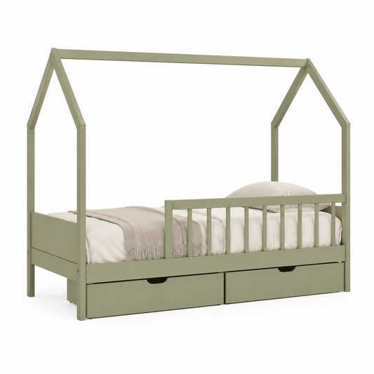 Lit cabane enfant vert sauge en pin massif 90 x 190 cm avec barrières et 2 tiroirs 197 x 97 x 170 cm