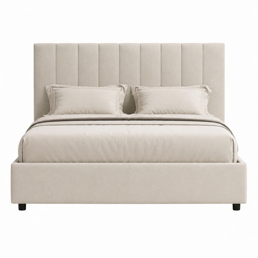 Lit double 160 x 200 cm beige en polyester avec tête de lit capitonnée