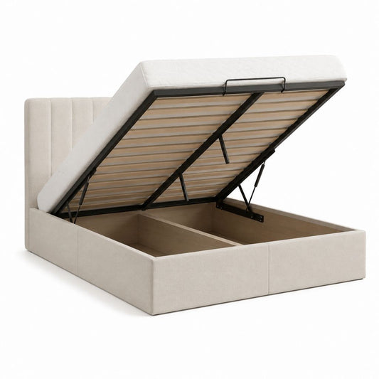 Lit coffre rectangulaire 160 x 200 cm beige en polyester avec sommier à lattes et tête de lit