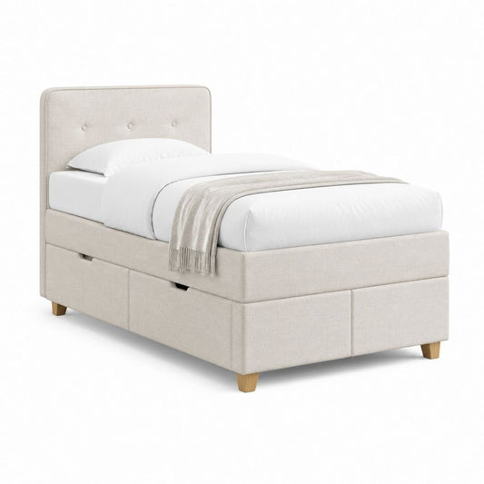 Lit 1 place avec rangements rectangulaire beige en polyester tête de lit capitonnée 90 x 190 cm