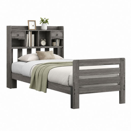 Lit simple avec tête de lit rangement gris effet chêne en panneaux de particules 99 x 198 cm