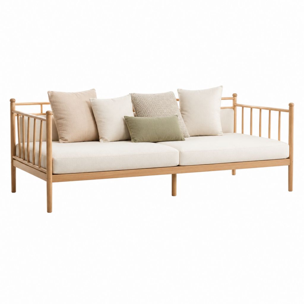 Lit de jour 2 places beige en bois massif avec coussins 210 x 100 x 80 cm