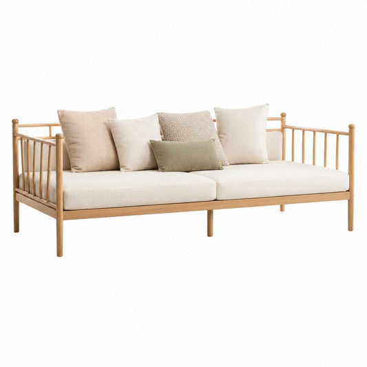 Lit de jour 2 places beige en bois massif avec coussins 210 x 100 x 80 cm
