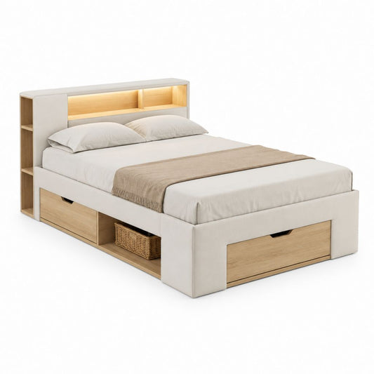 Lit double avec rangement blanc et chêne clair en MDF mélaminé et revêtement PU rectangulaire 160 x 200 cm dimensions 235 x 186 x 110 cm